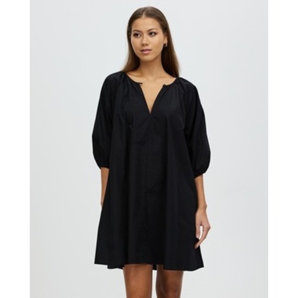 Black Mini Peasant Dress with V-Neck